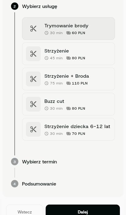 Wybierz usługę — Wybierz usługę, która Cię interesuje. Staramy się, żeby wszystko było czytelne i proste na etapie rezerwacji.